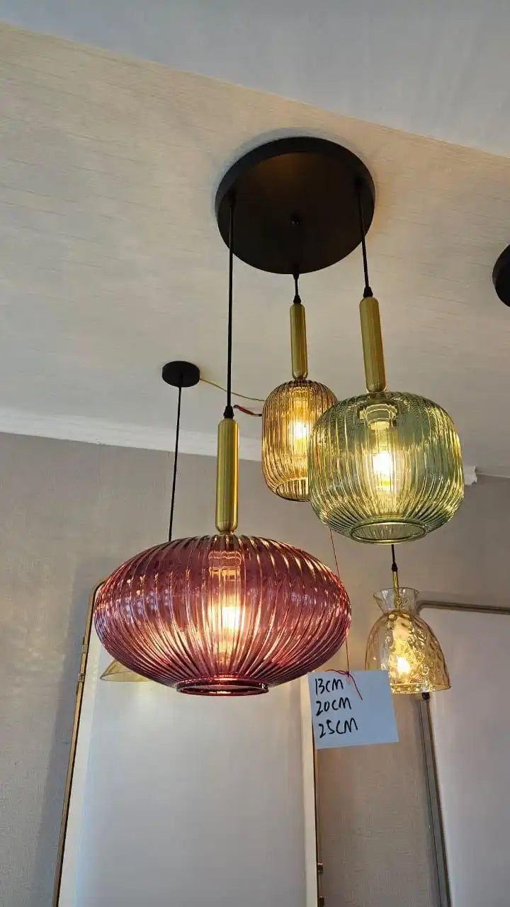 HDC Red Glass Mid Century Hanging Lamp 1 Light with Ribbed Glass Shade Blown Glass Ceiling Light