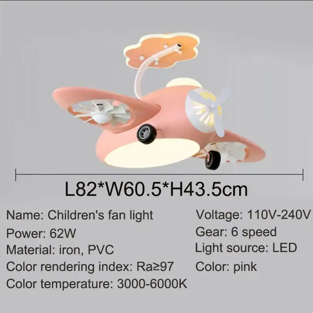 Hdc Children's Flying Plane LED Helicopter Lamp For Kids Girls Boys Bedroom with Lamp Remote Control Blue Pink Fan Chandelier
