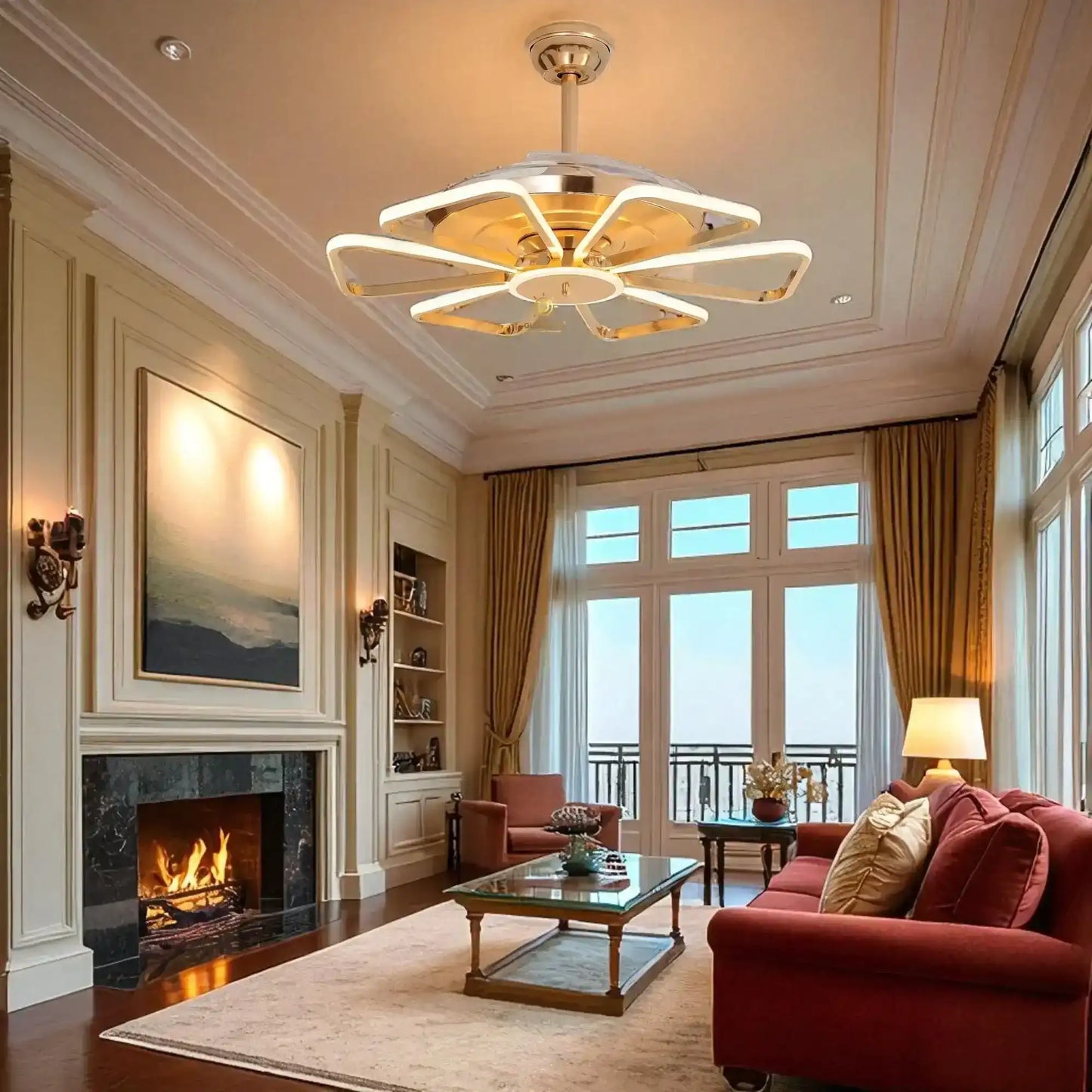 Hdc 52 inch 6 Petal Ceiling Fan Chandelier 52 Inch Gold Led 3 Color Setting Control With Remote