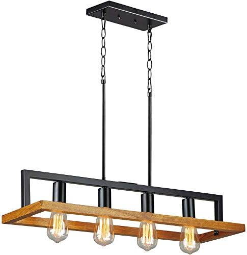 HDC Modern Rectangular Iron & Wood Hanging Chandelier Light for Dining & Living Spaces