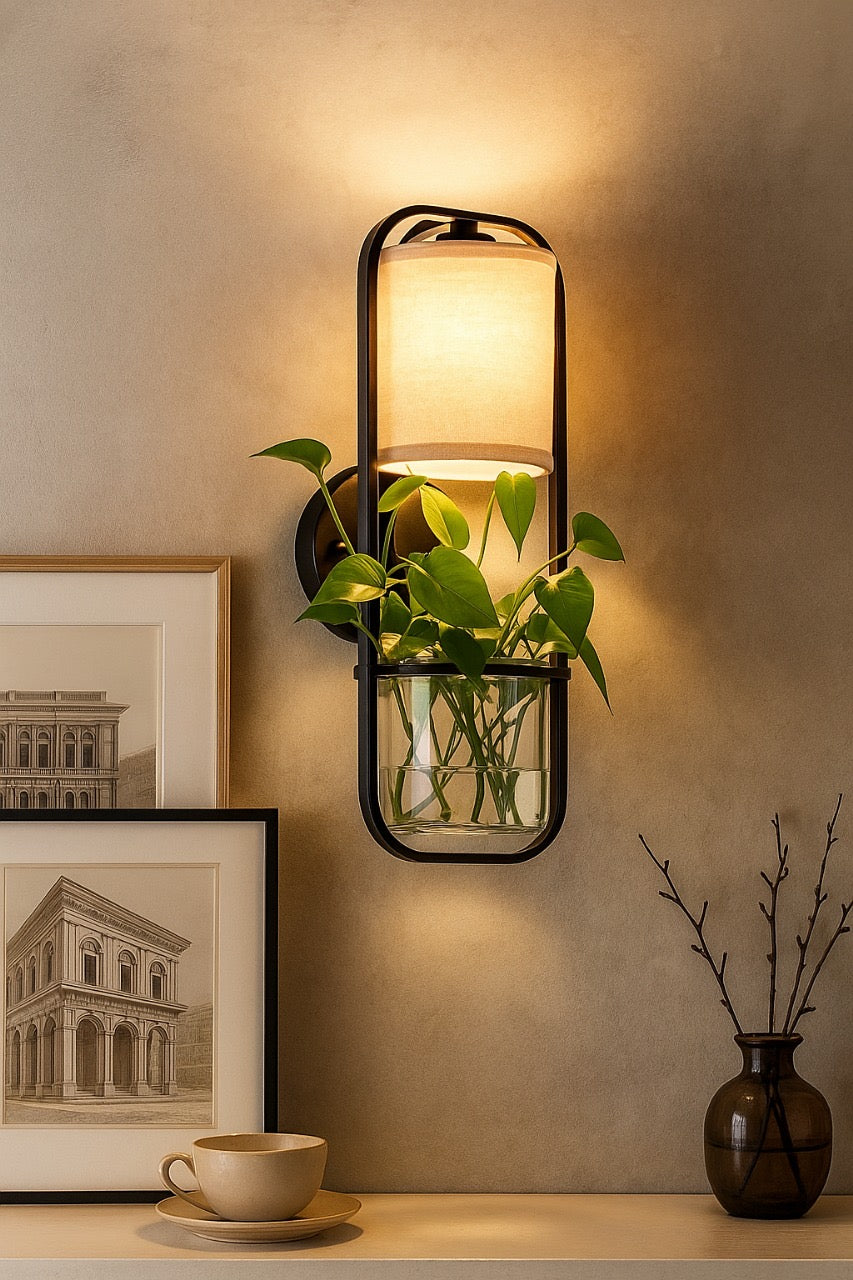HDC Black Metal Frame and Fabric Shade Premium Wall Lamp with Planter For Living Room, Bedroom, Balocny
