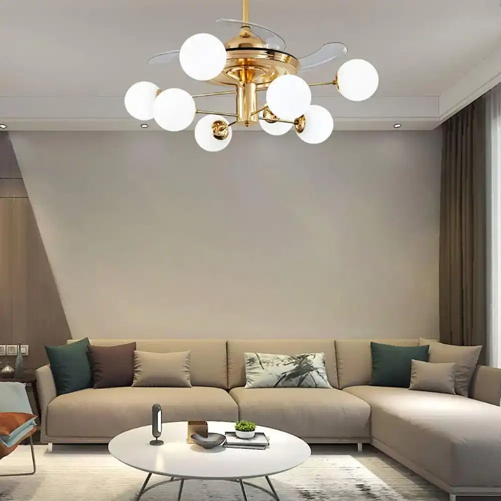 Hdc 8 Lights Frost Glass Ceiling Fan Chandelier Gold Retractable Light Led 3 Color Setting Control With Remote