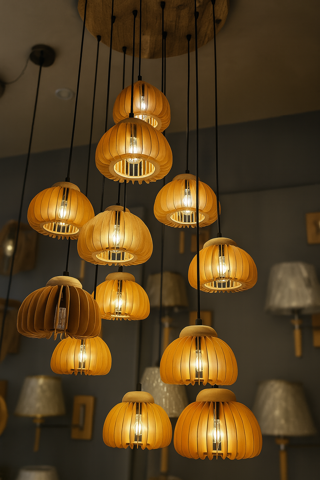 HDC E27 Wooden Pendant Light with Wooden Lampshade and Pumpkin Shape Height Adjustable Middle Size Ceiling Chandelier