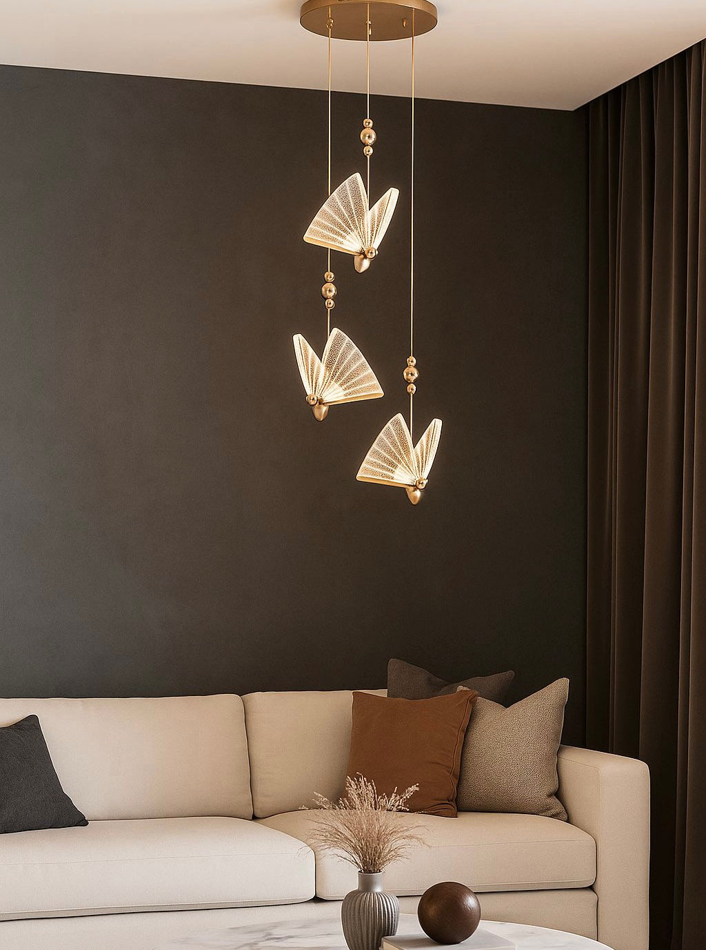 HDC Led 3 Light Gold Butterfly Bedside Hanging Pendant Ceiling Lamp Light Fixture - Warm White