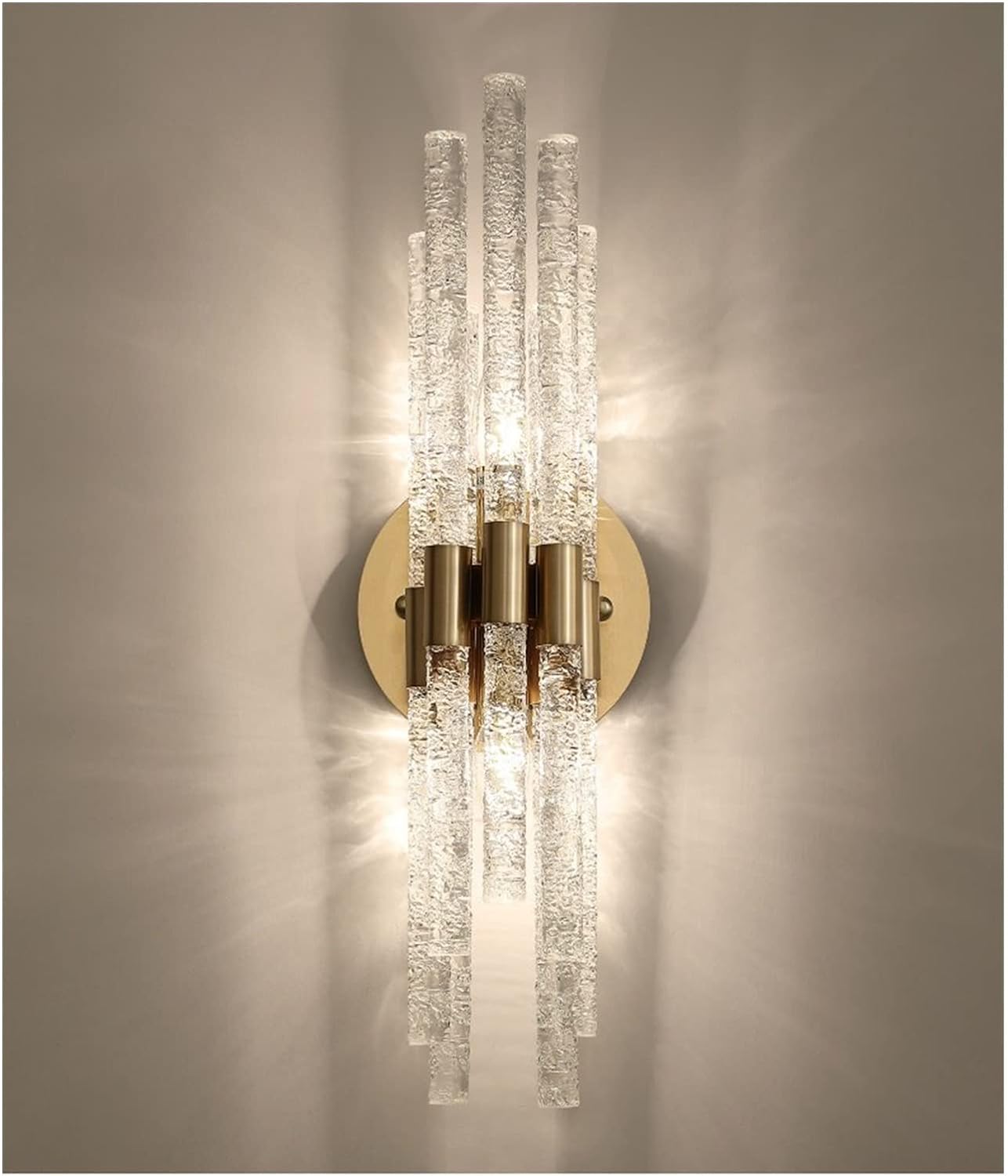Hdc Tubular Sconce Lighting Simple Style Clear Rippled Crystal 2-Head Bedroom Wall Light in Brass