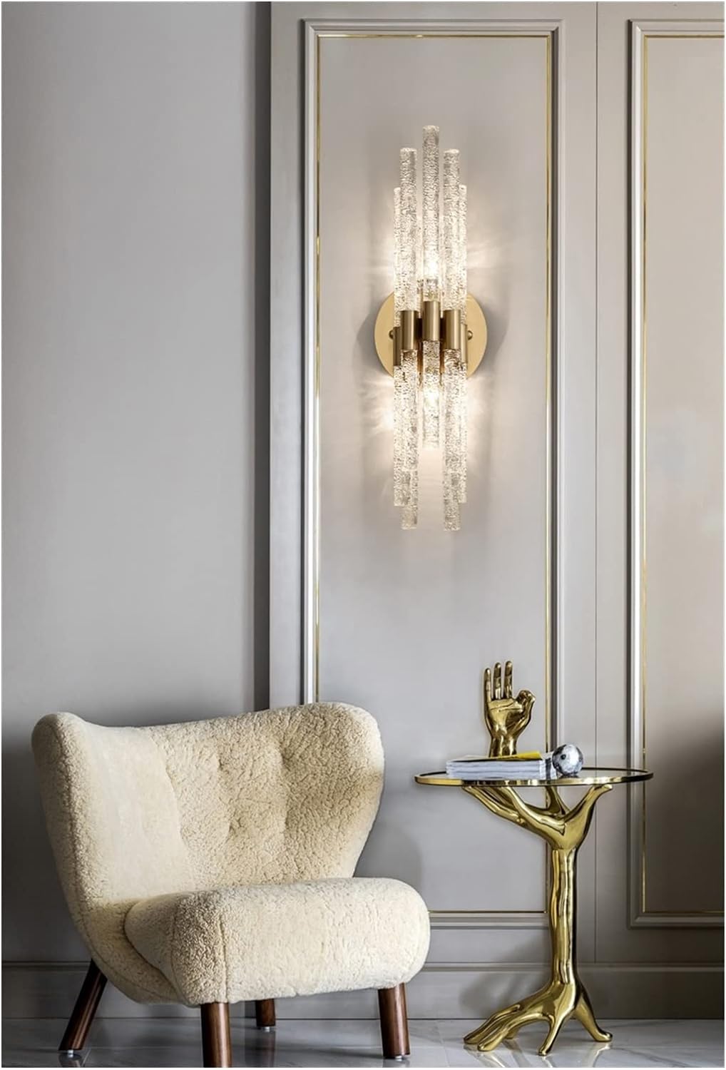 Hdc Tubular Sconce Lighting Simple Style Clear Rippled Crystal 2-Head Bedroom Wall Light in Brass