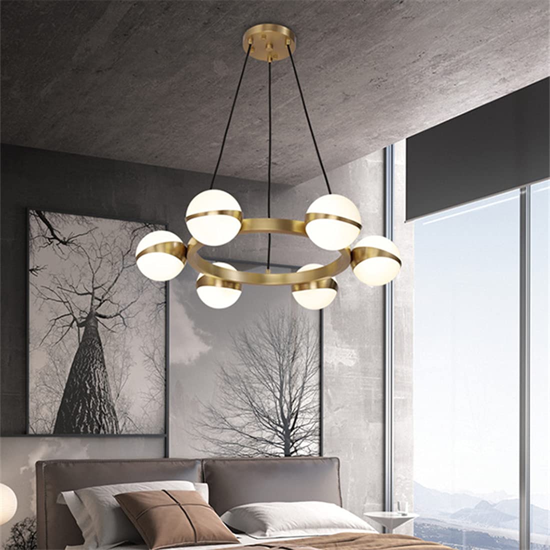 Hdc 6-Light Glass Globe Contemporary Round Wagon Wheel Chandelier Pendant Lights