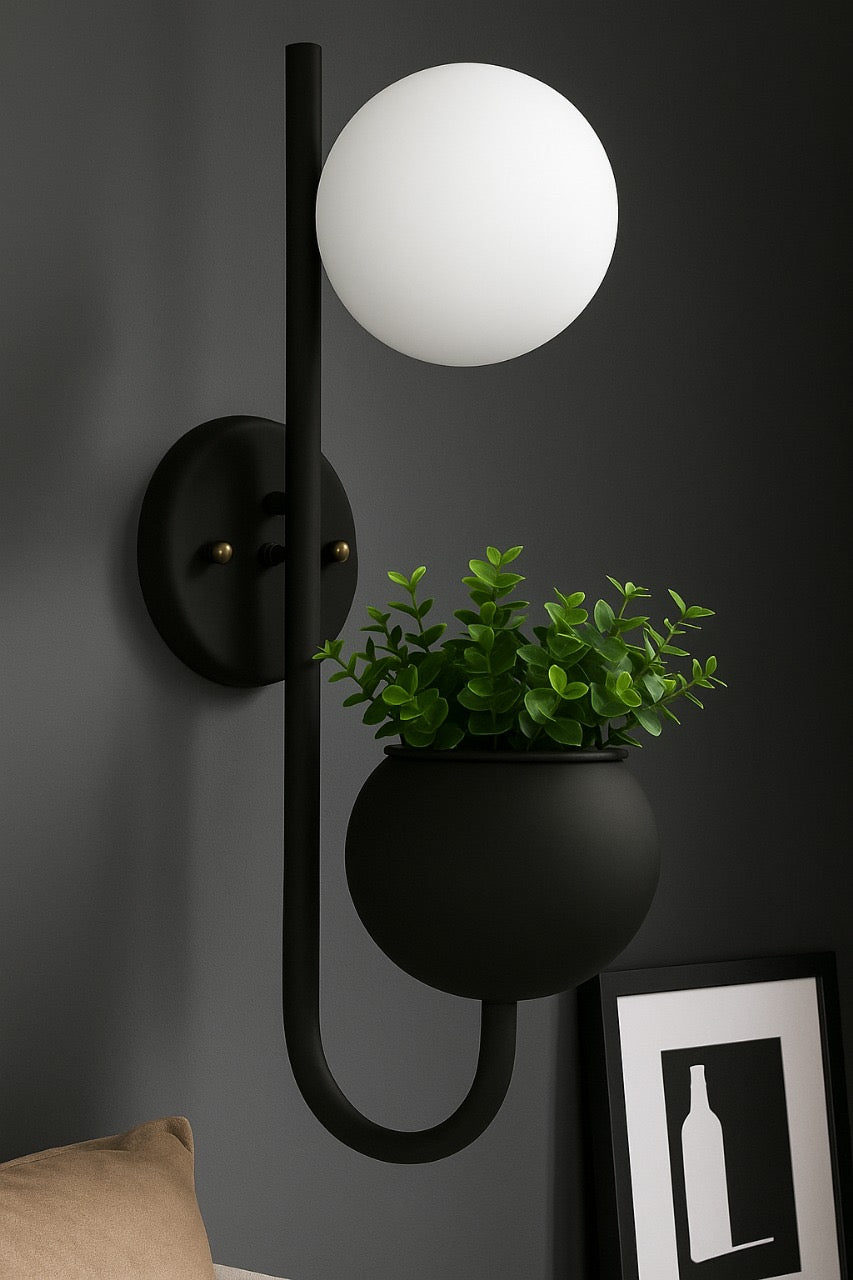HDC Black Modern Wall Light with Glass Globe Shade LED Wall Lamp with Planter Pot For Living Room, Balcony
