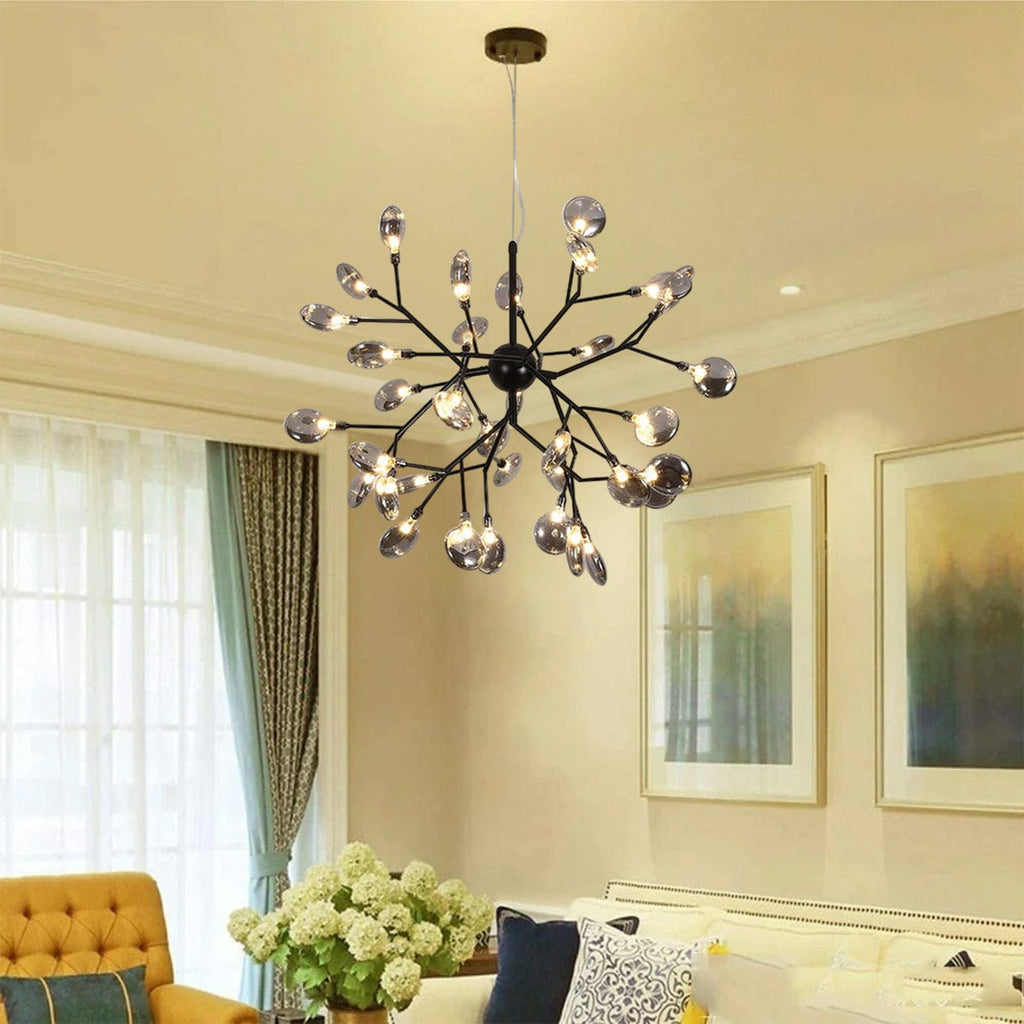 HDC 36 Lights Amber/ Smoke Ball Firefly Black Chandelier Adjustable Brass Heracleum Led Ceiling Light Hanging Lamp - Warm White