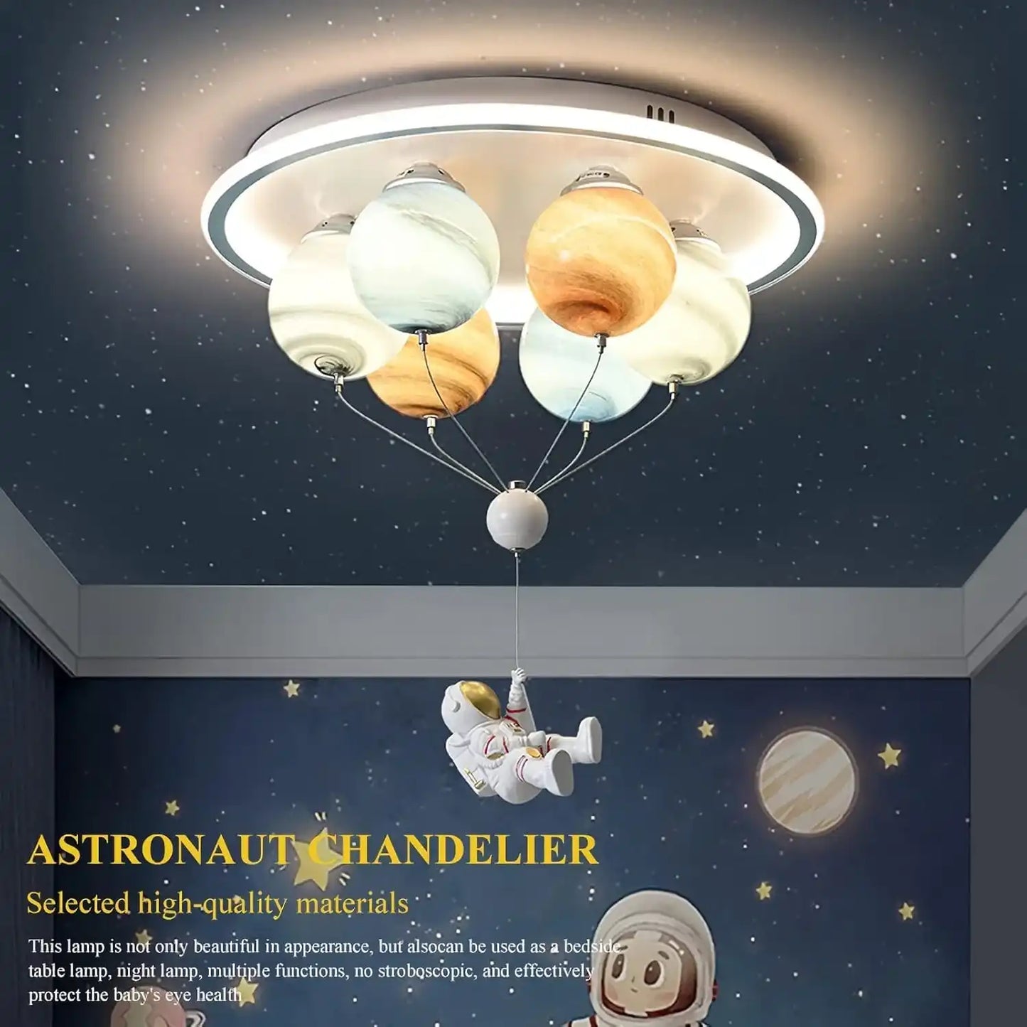 Hdc Cartoon Astronaut Cell Light Boys Room Modern Led Chandelier Creative 6-Light Star Glass Lampshade with Adjustable Cord Flush Mount Ceiling Light for Childrens Room Bedroom Nursery Kids Room Chandelier
