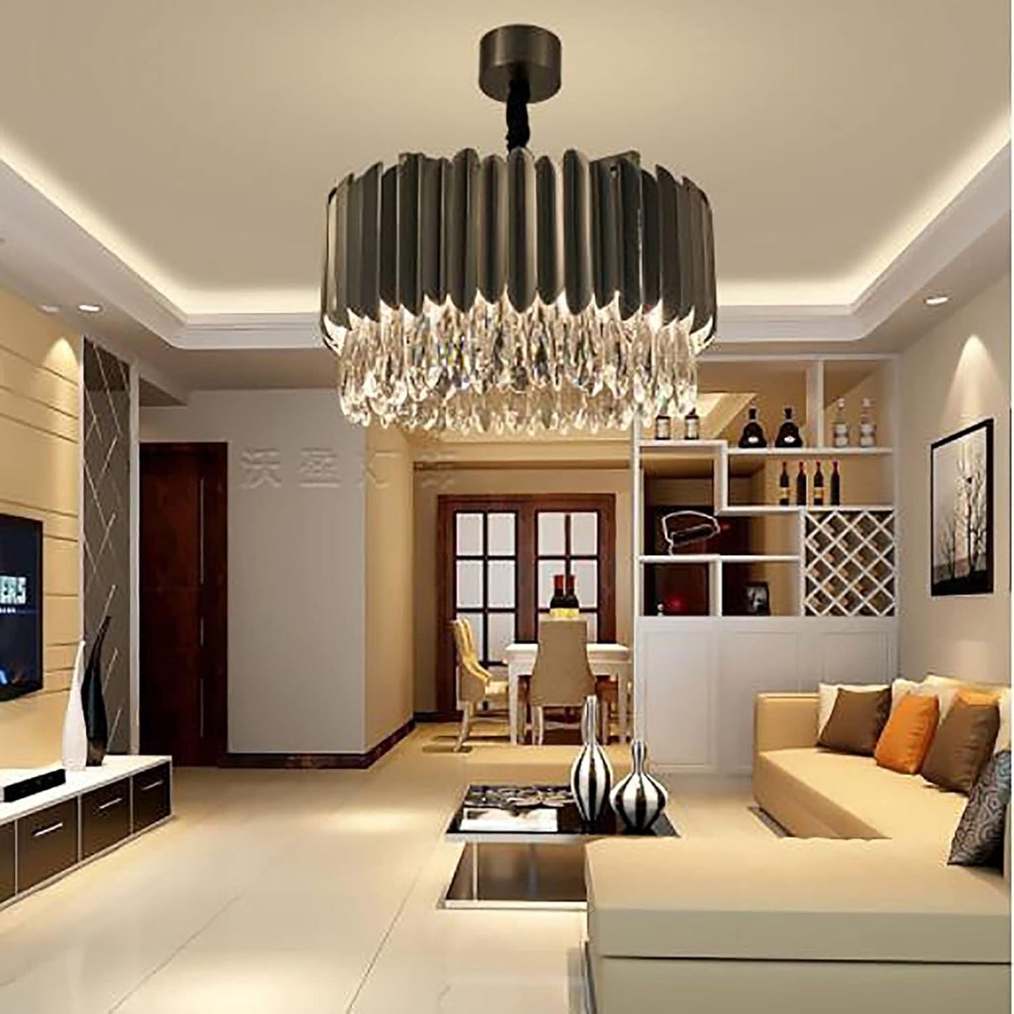 Hdc Black Gold Crystal Designer LED Hanging Chandelier Lamp- Tricolor