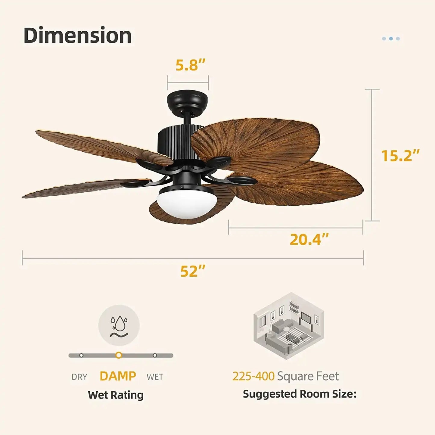 Hdc Tropical Ceiling Fan With Led Light And Remote Control 52 Inch Palm Reversible Fan Light 5 Leaf Blades And Balance Clips