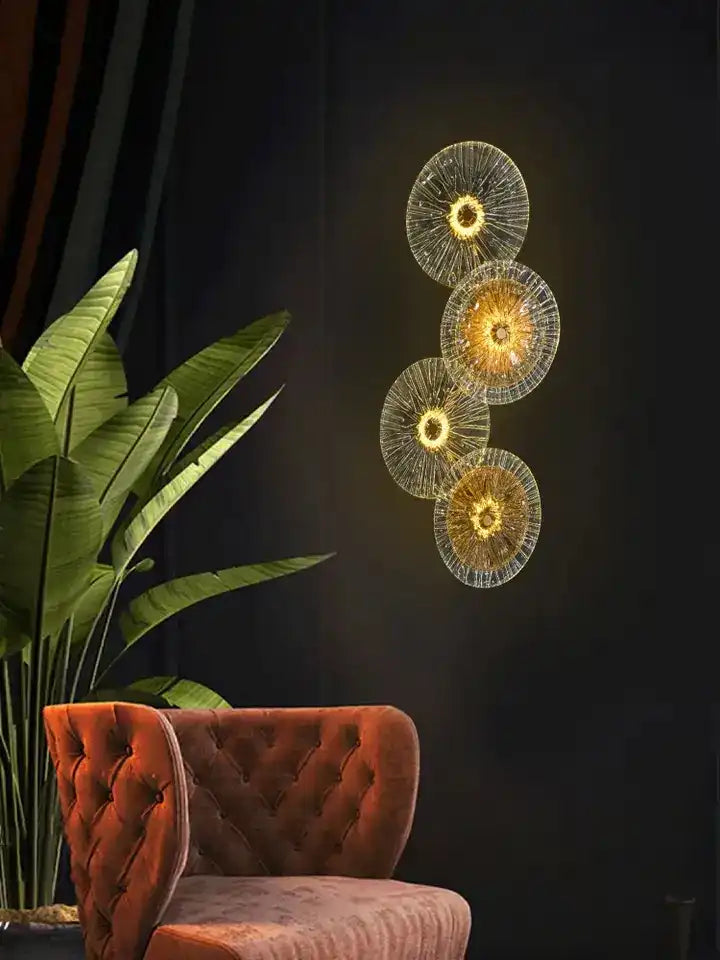 HDC 4 Heads Lotus Leaf Round Clear Glass Crystal Modern Gold Led Wall Light For Drawing Room - Tricolor