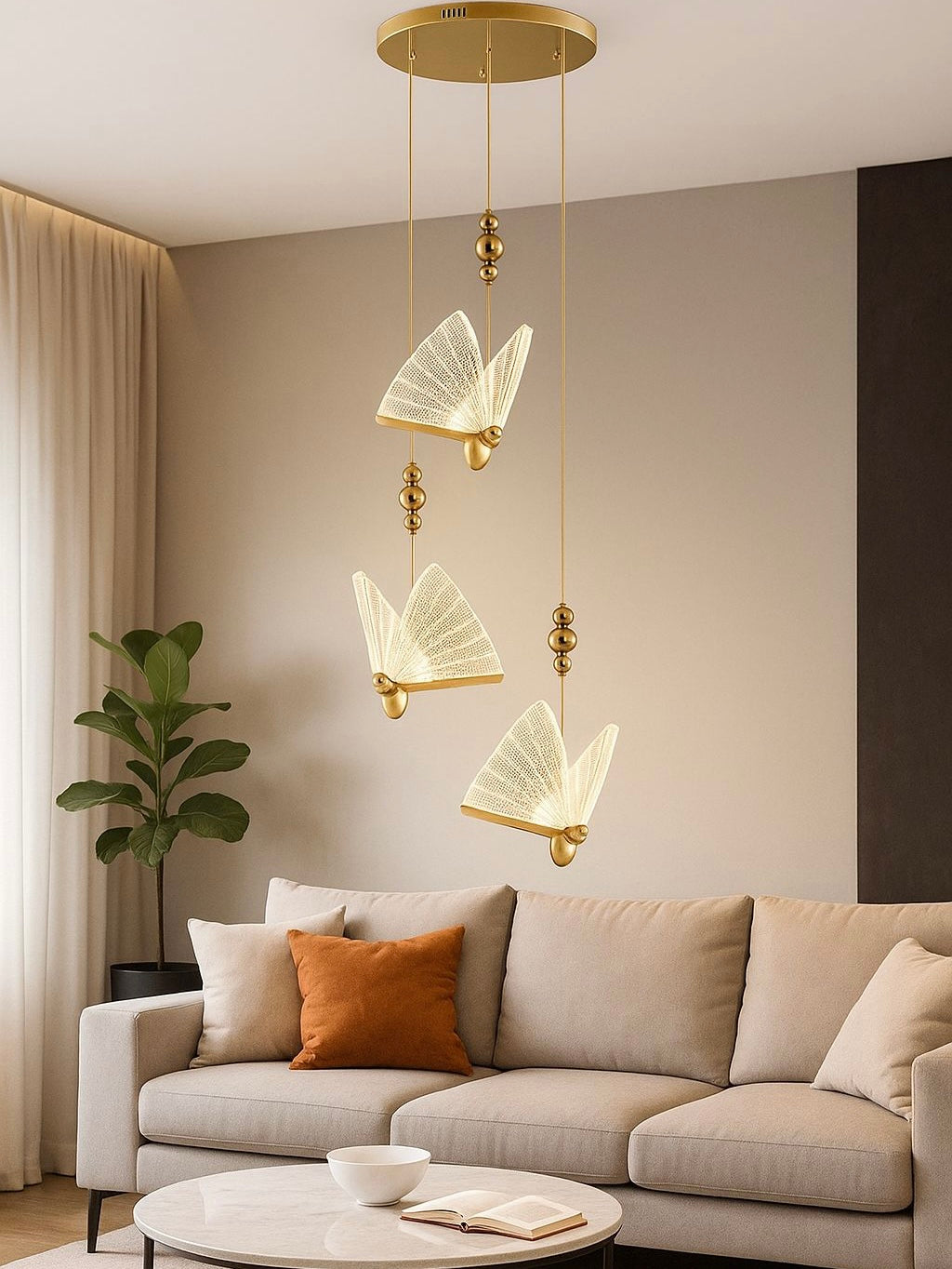 HDC Led 3 Light Gold Butterfly Bedside Hanging Pendant Ceiling Lamp Light Fixture - Warm White
