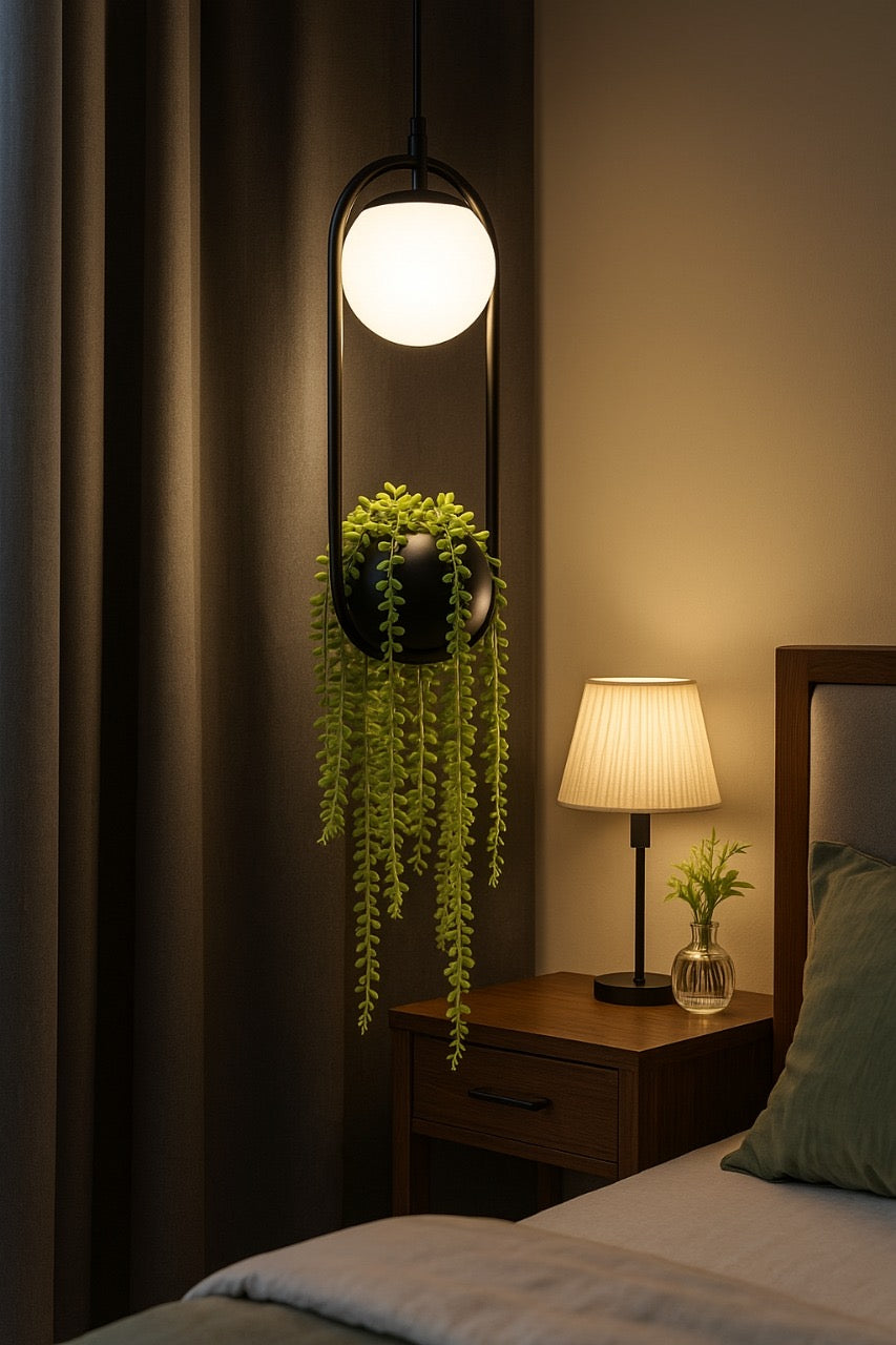 Hdc Modern Black Pendant Light with Glass Globe Hanging LED Lamp with Planter Pot