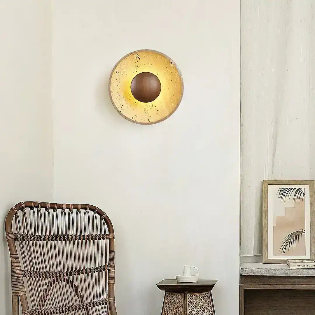 Hdc Medieval Yellow Travertine Wood Led Wall Light For Drawing Room - Tricolor