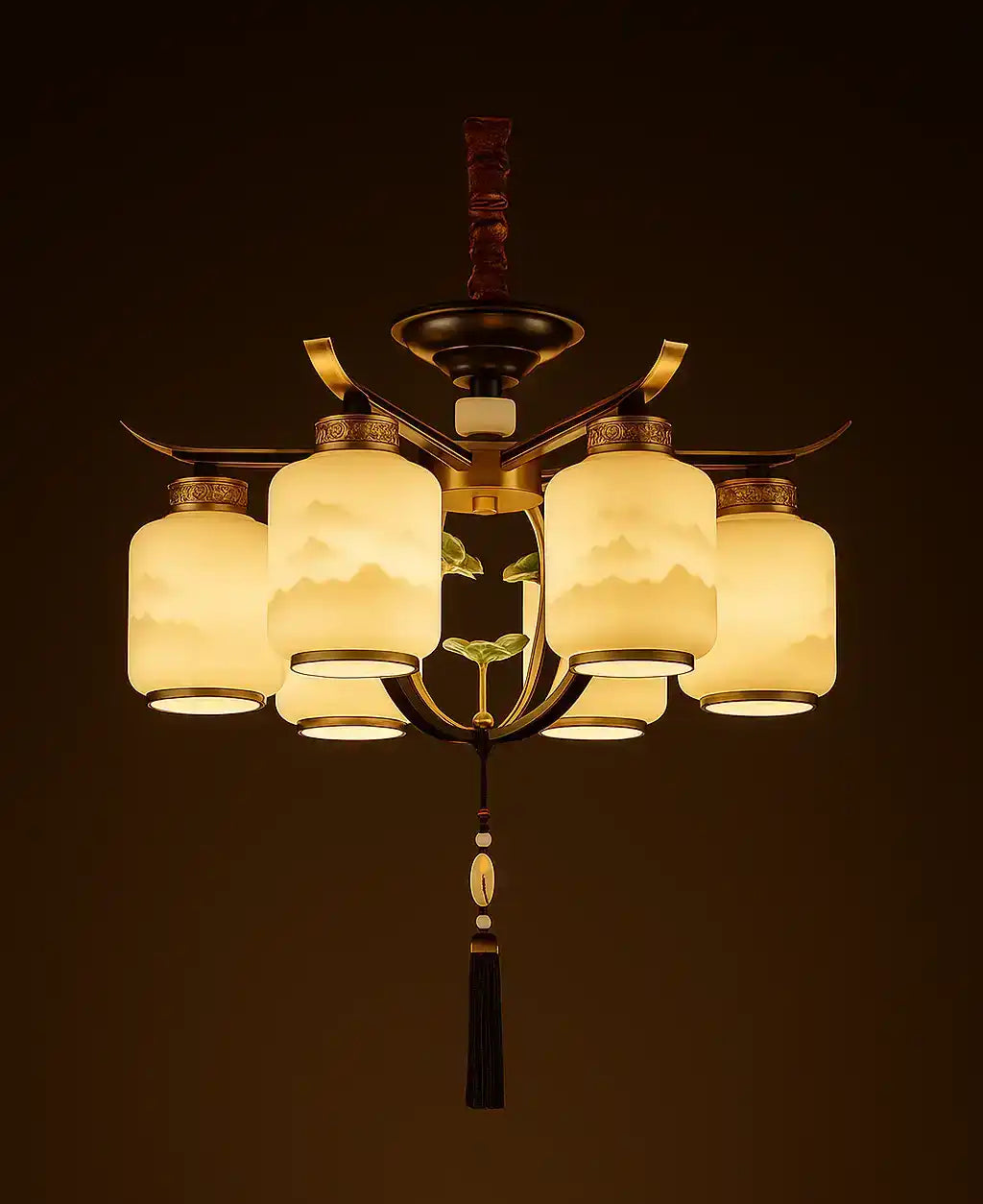 Hdc 6 Lights Traditional Chinese Iron Frame Cylinder Glass Shade Chandelier For Living Room