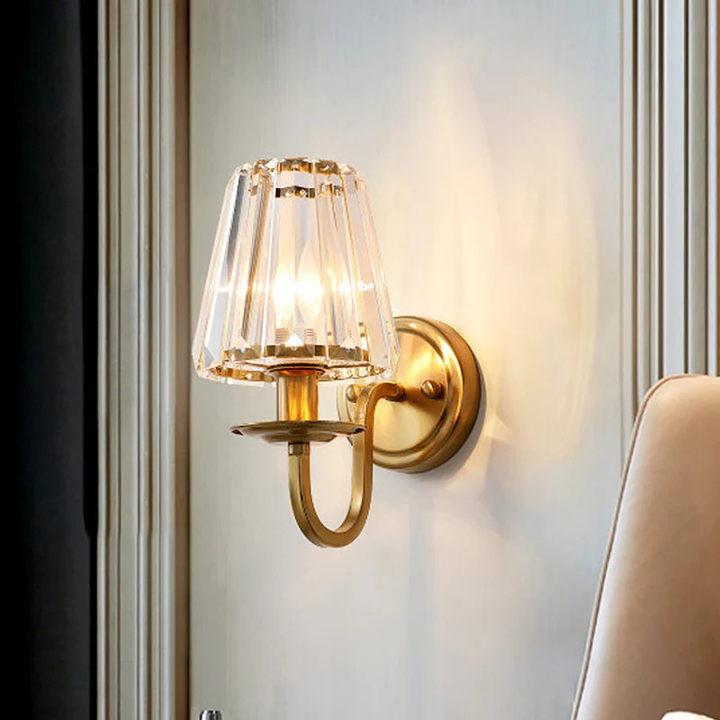 Hdc Modern Cone Wall Light Fixture 1 Head K9 Crystal Wall Sconce in Gold with Arched Arm