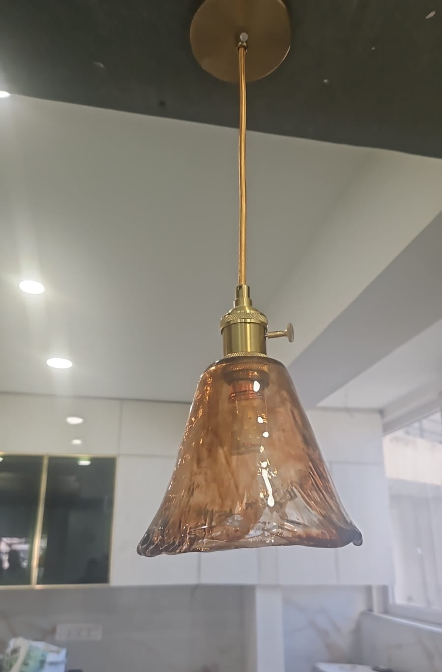 Hdc Modern Eclectic Amber Glass Geometric Copper Pendant Lamp Brass For Living Room, Restaurant