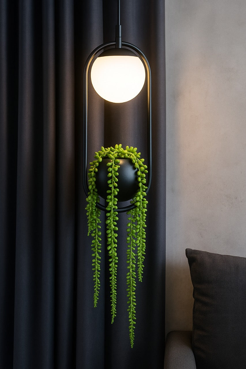 Hdc Modern Black Pendant Light with Glass Globe Hanging LED Lamp with Planter Pot