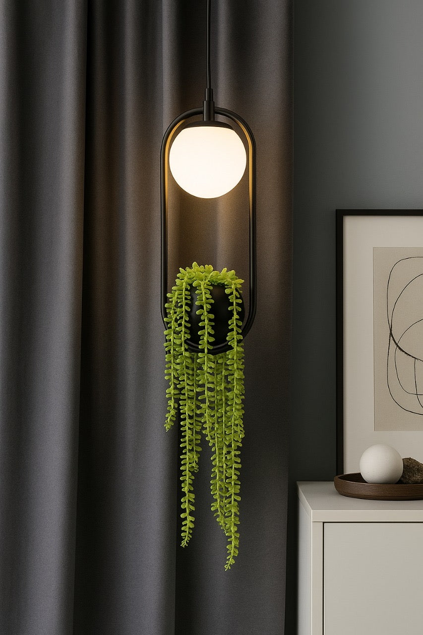 Hdc Modern Black Pendant Light with Glass Globe Hanging LED Lamp with Planter Pot