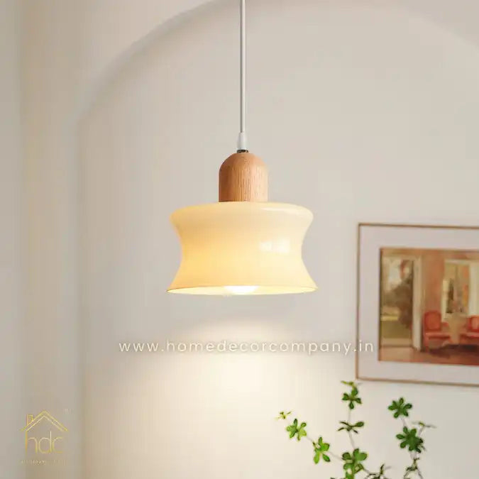 HDC Wood Dome Pendant Light Cream Glass Pendant Lighting Kitchen Island Hanging Ceiling Lamp Modern Wooden Suspended Lights for Dining Room Bedroom Bedside Living Room