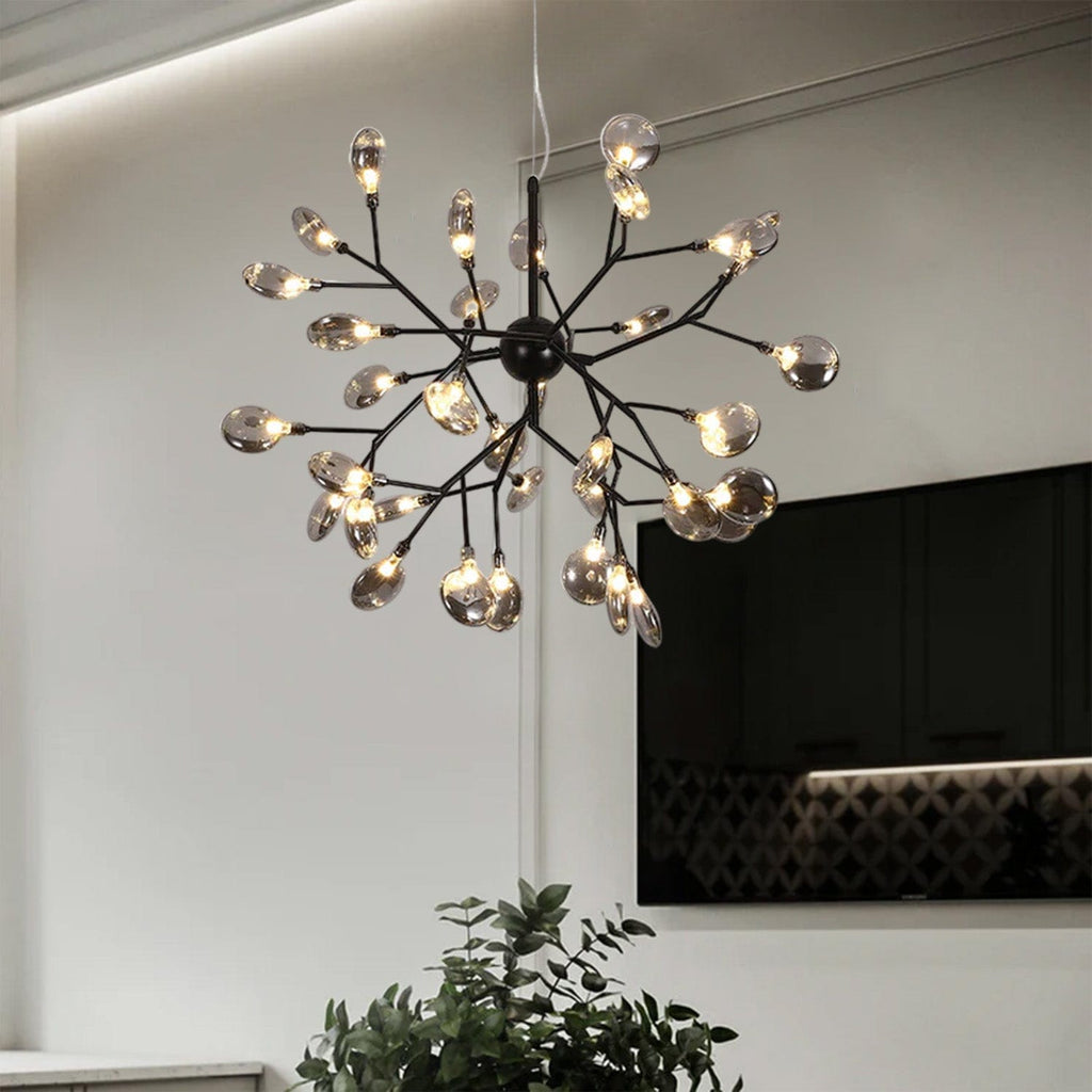 HDC 36 Lights Amber/ Smoke Ball Firefly Black Chandelier Adjustable Brass Heracleum Led Ceiling Light Hanging Lamp - Warm White