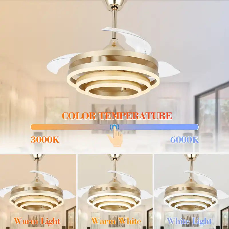 HDC Invisible Golden Rings Ceiling Fan Chandelier With Remote Control 4 Retractable Abs Blades - Tricolor