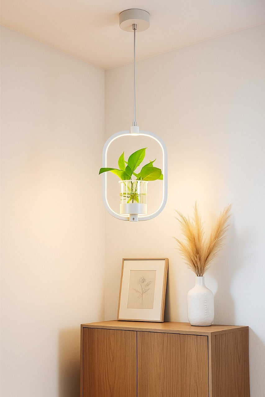 Hdc 18w Modern Hanging LED Pendant Light with Built-in Glass Planter Decorative Ceiling Lamp- Warm White