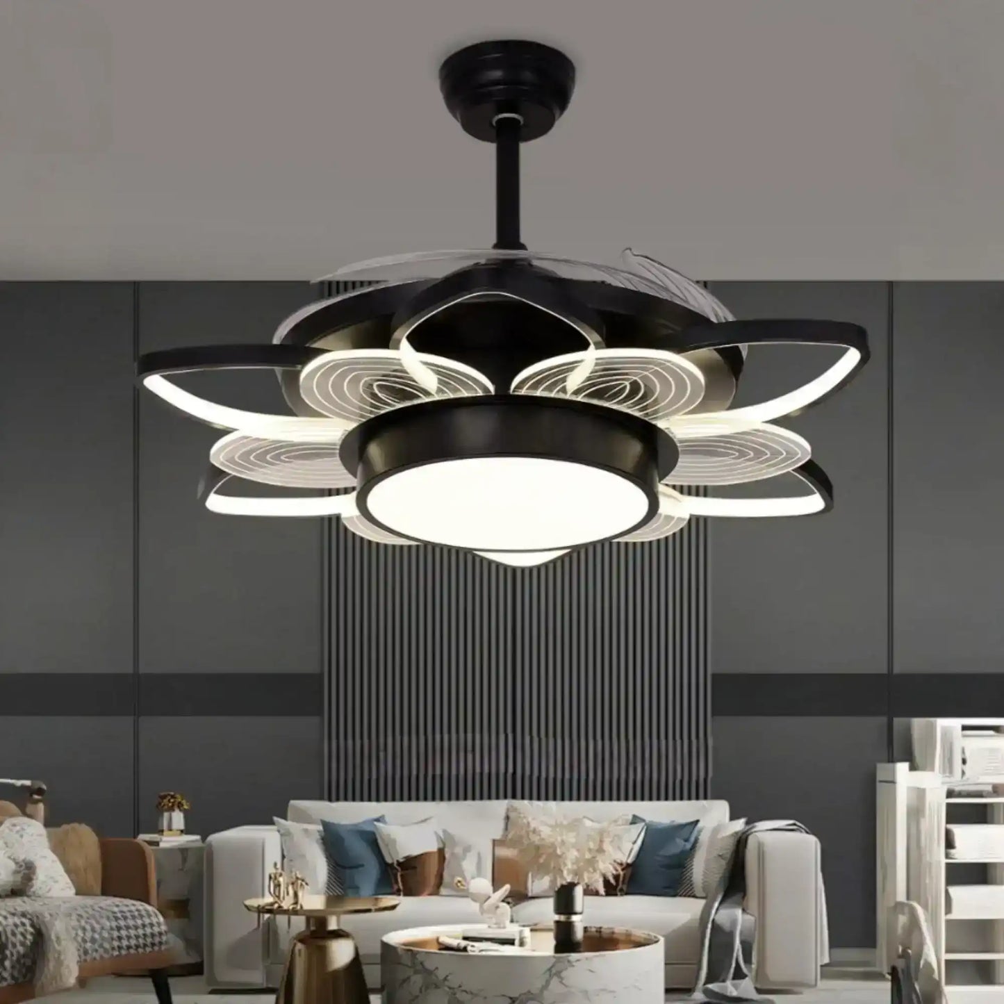 Hdc 8 Leaves Flower Shape Chandelier Fan 42 Inch Retractable Blades Remote Control - Tricolor - HDC Lights