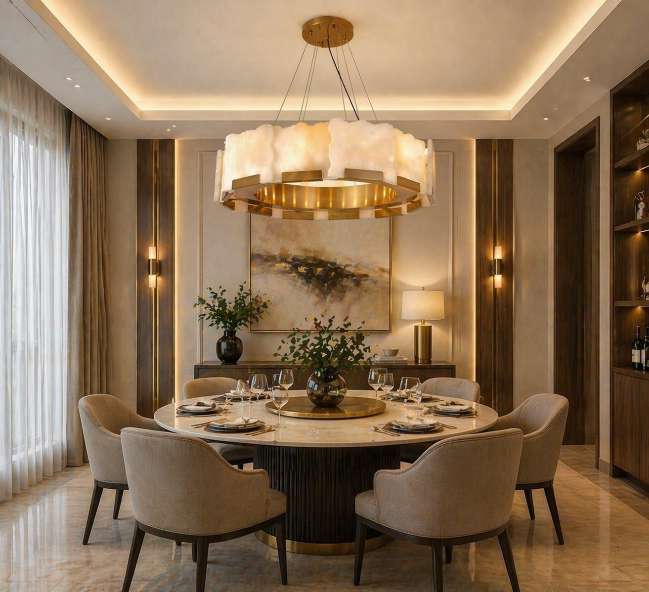 HDC 800mm Gold Finish Premium Marble Ring Chandelier for Bedroom, Living Room, Lobby