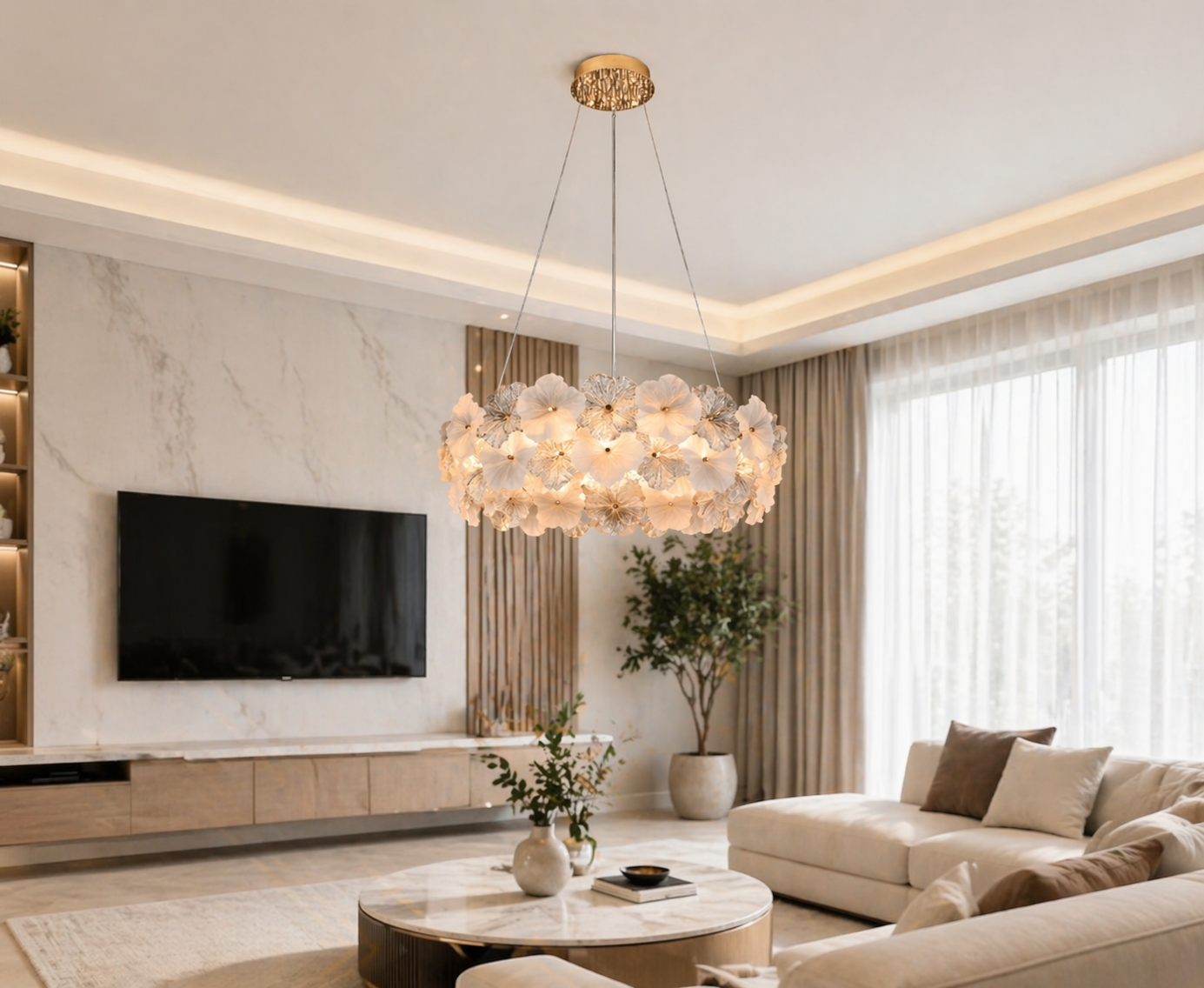 HDC 800mm Luxury Floral Crystal Ring Chandelier for Living Room, Dining Area, Bedroom & Lobby