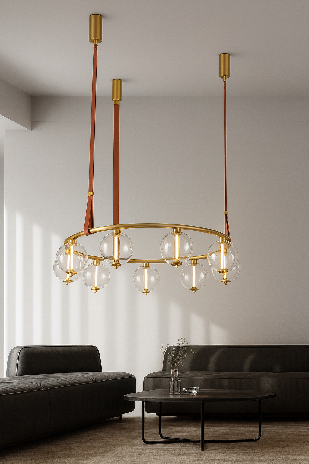 Hdc Modern Globe Leather Strap Suspension with Brass Ring Frame Chandelier