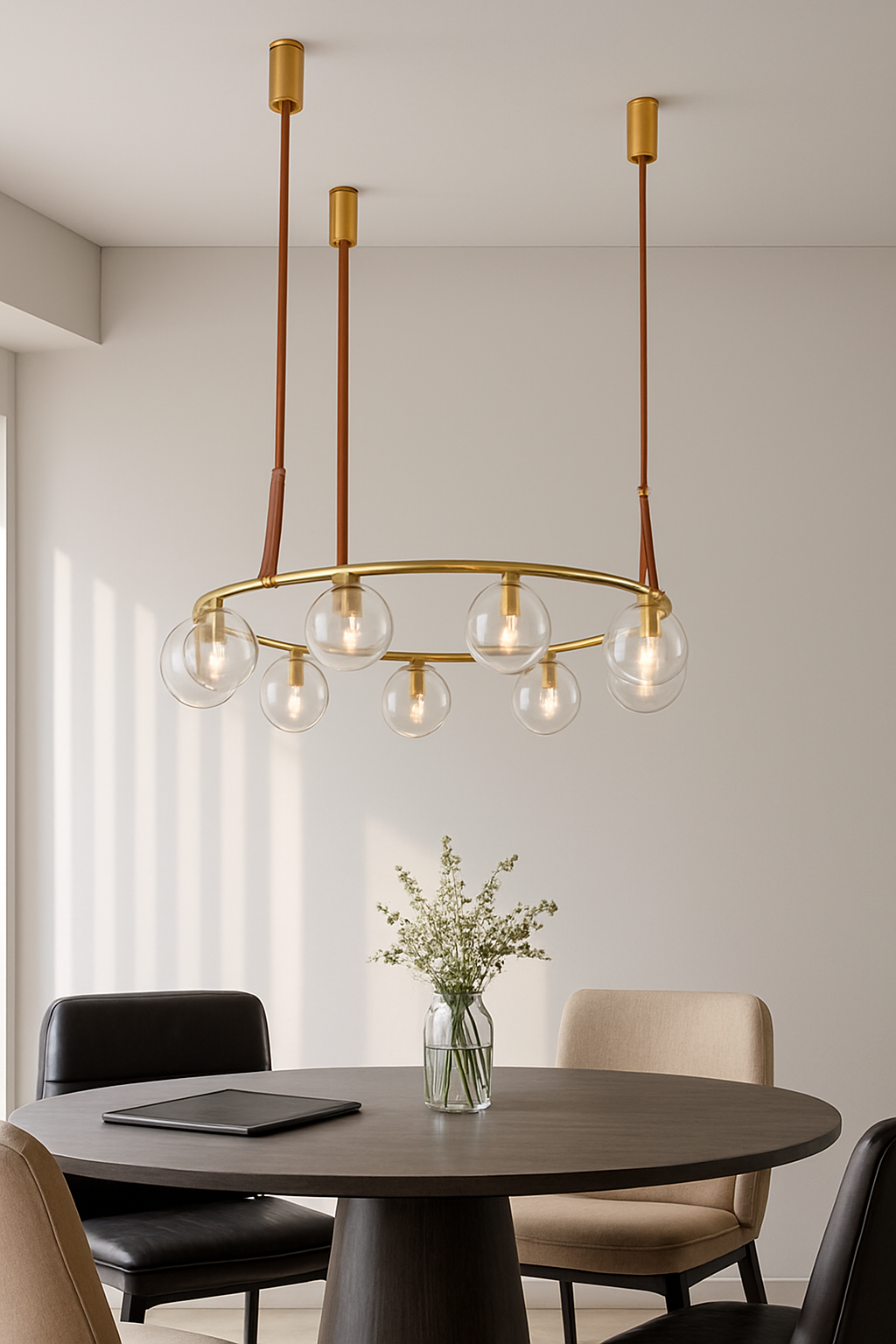 Hdc Modern Globe Leather Strap Suspension with Brass Ring Frame Chandelier