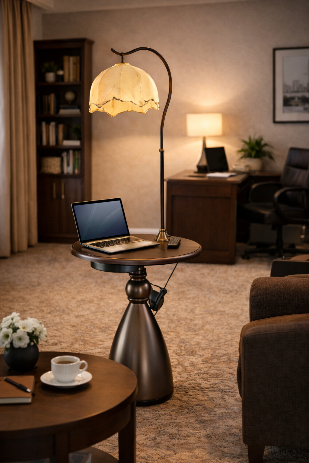 HDC Luxury Floor Lamp with Wooden Table & USB Charging – Premium Designer Standing Lamp