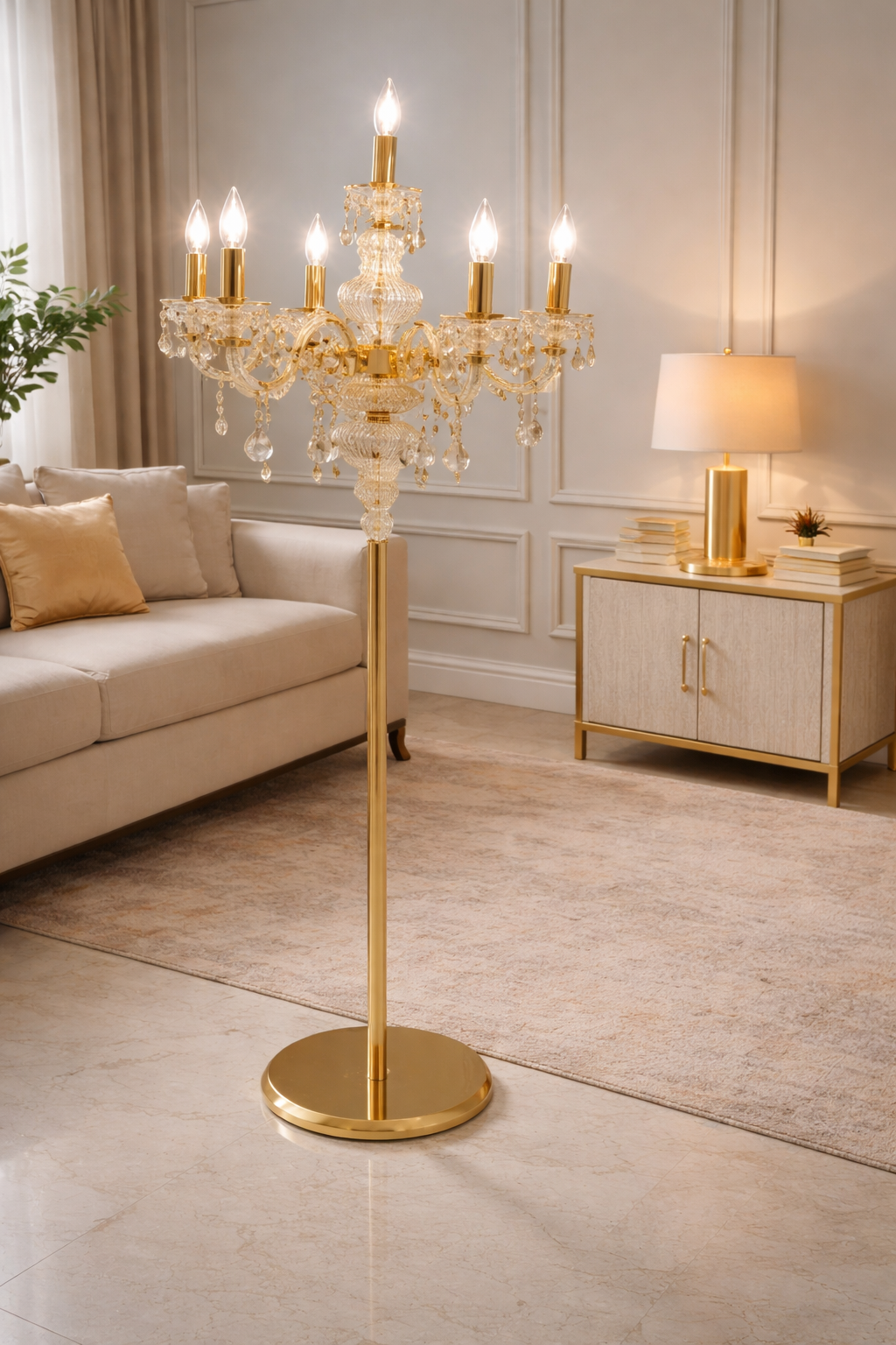 HDC 6 Lights Luxury Gold Crystal Floor Lamp for Living Room & Bedroom