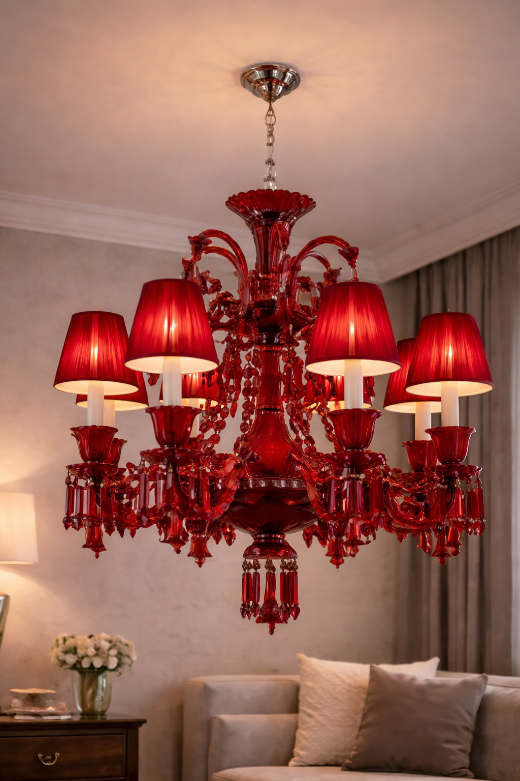 Hdc Luxury Red Crystal Glass Classic Italian Chandelier Ceiling Light for Living Room, Bedroom & Dining Area