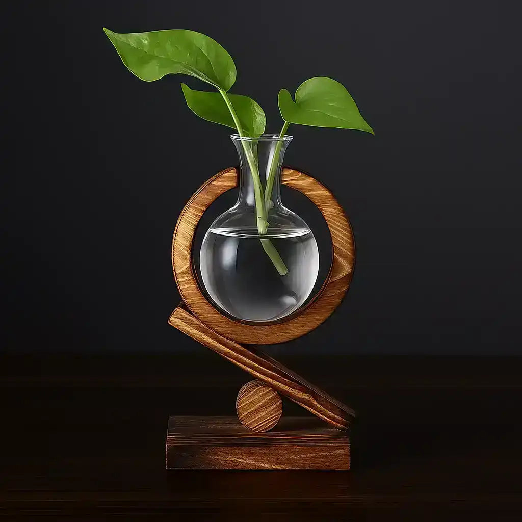HDC New Design Modern Wooden Hydroponic Planter Vase Office Table Decoration Glass Vase With Wooden Frame