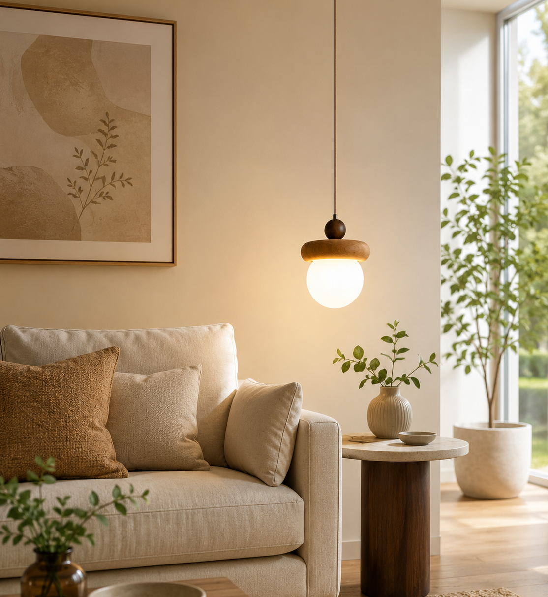 HDC Modern Wooden Globe Pendant Light for Bedroom, Living Room
