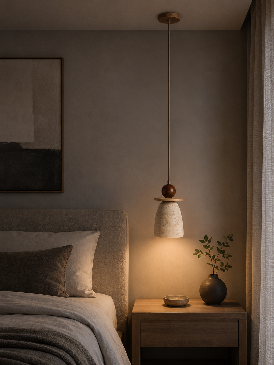 HDC Modern Ceramic Pendant Light with Wooden Accent for Bedroom, Living Room