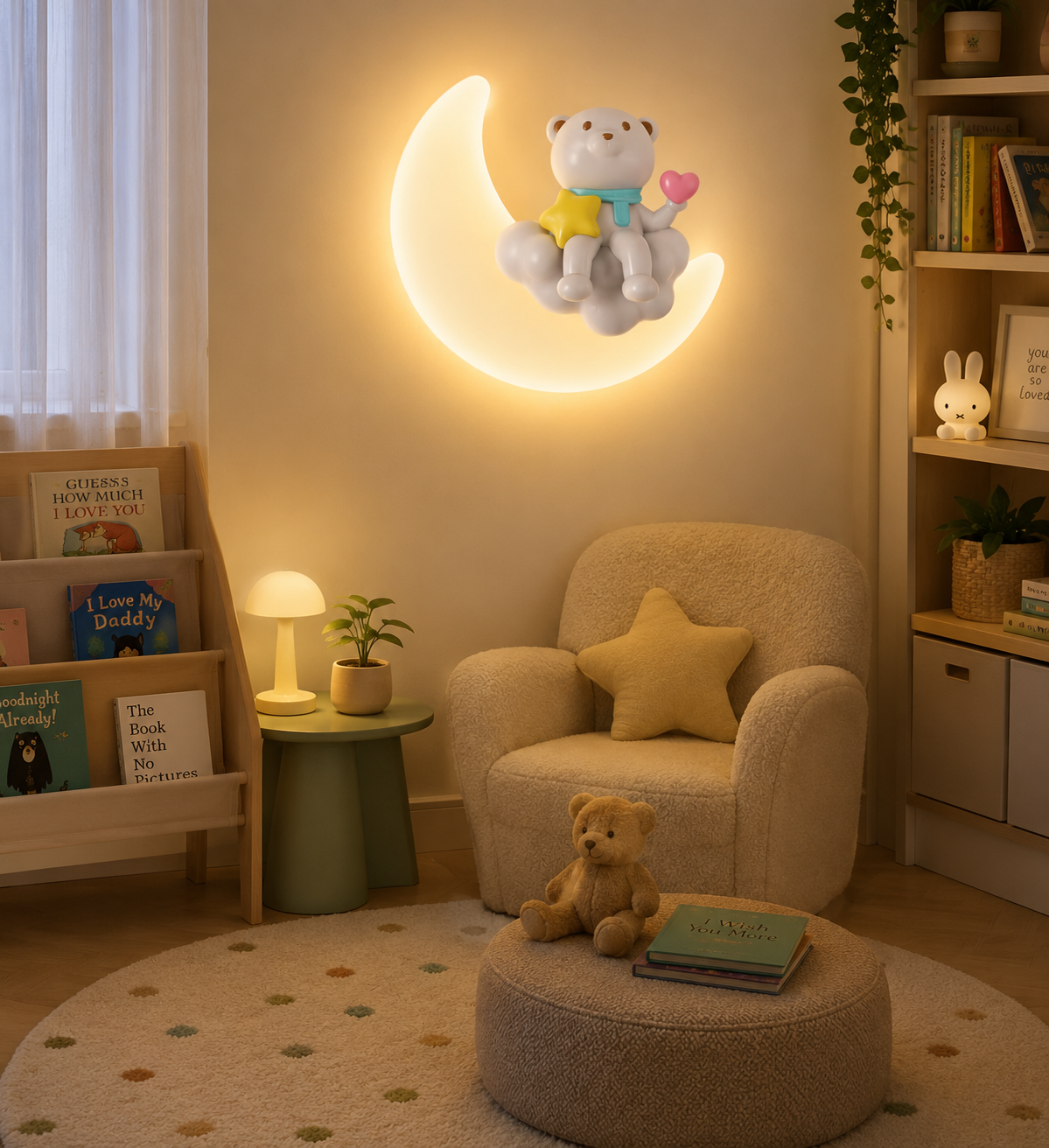 HDC Cute Bear Moon Kids Wall Light for Kids Bedroom, Nursery, Playroom