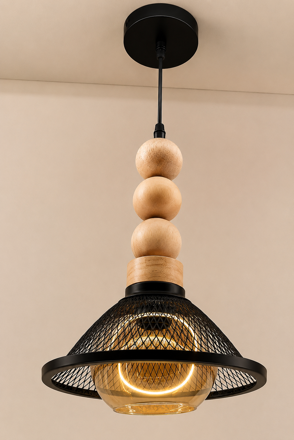 Ojaro Rustic Wooden Mesh Pendant Light for Bedroom, Living Room