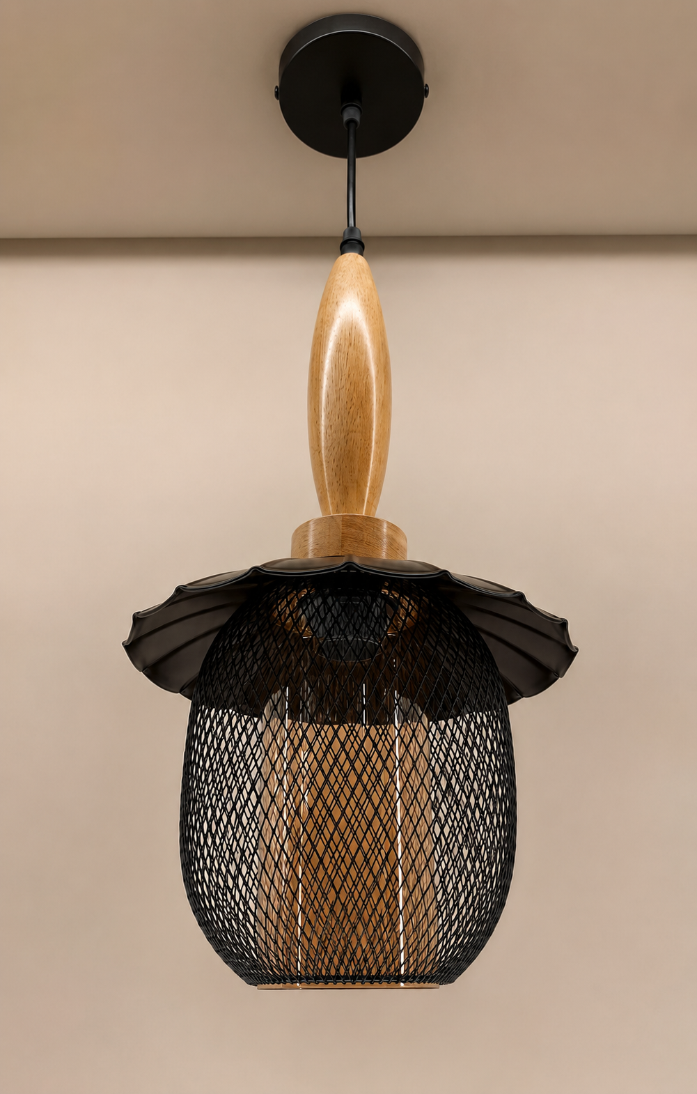 Ojaro Vintage Wooden Mesh Pendant Light for Bedroom, Living Room