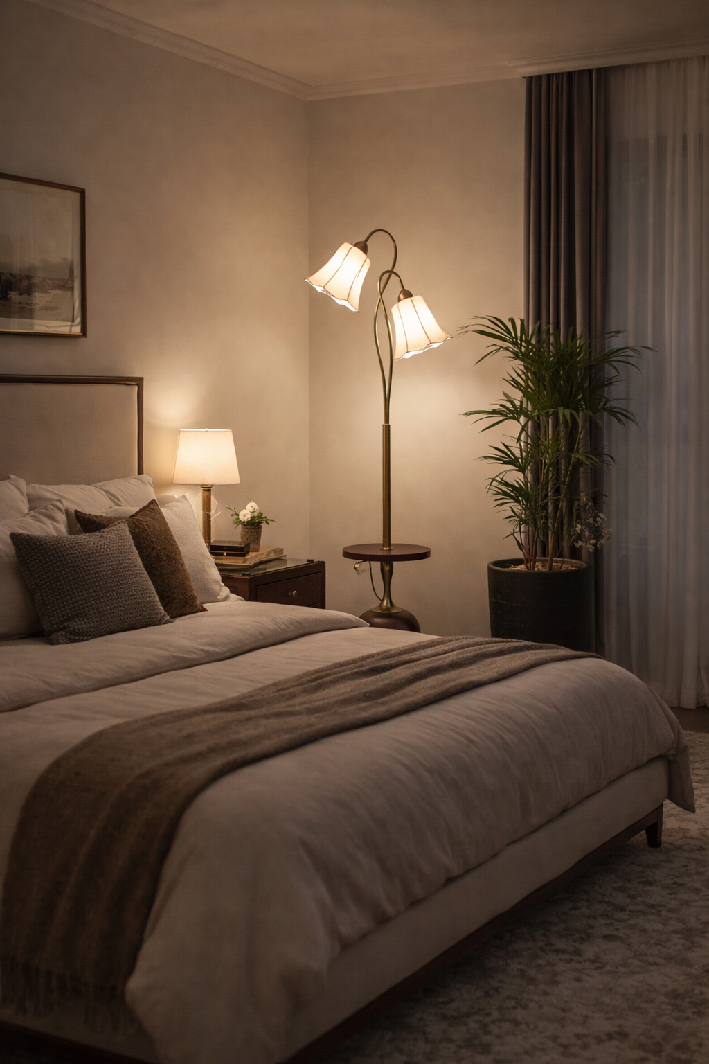 HDC Luxury Dual Petal Shade Floor Lamp with Wooden Base & Side Table