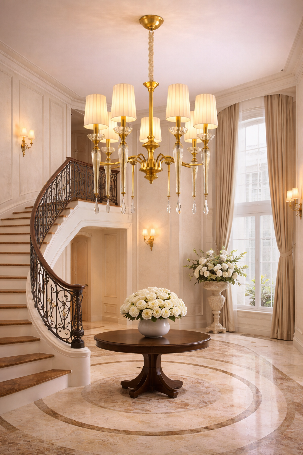 HDC 8 Lights Luxury Classic Crystal Arm Gold Finish Chandelier with Fabric Shades for Living Room