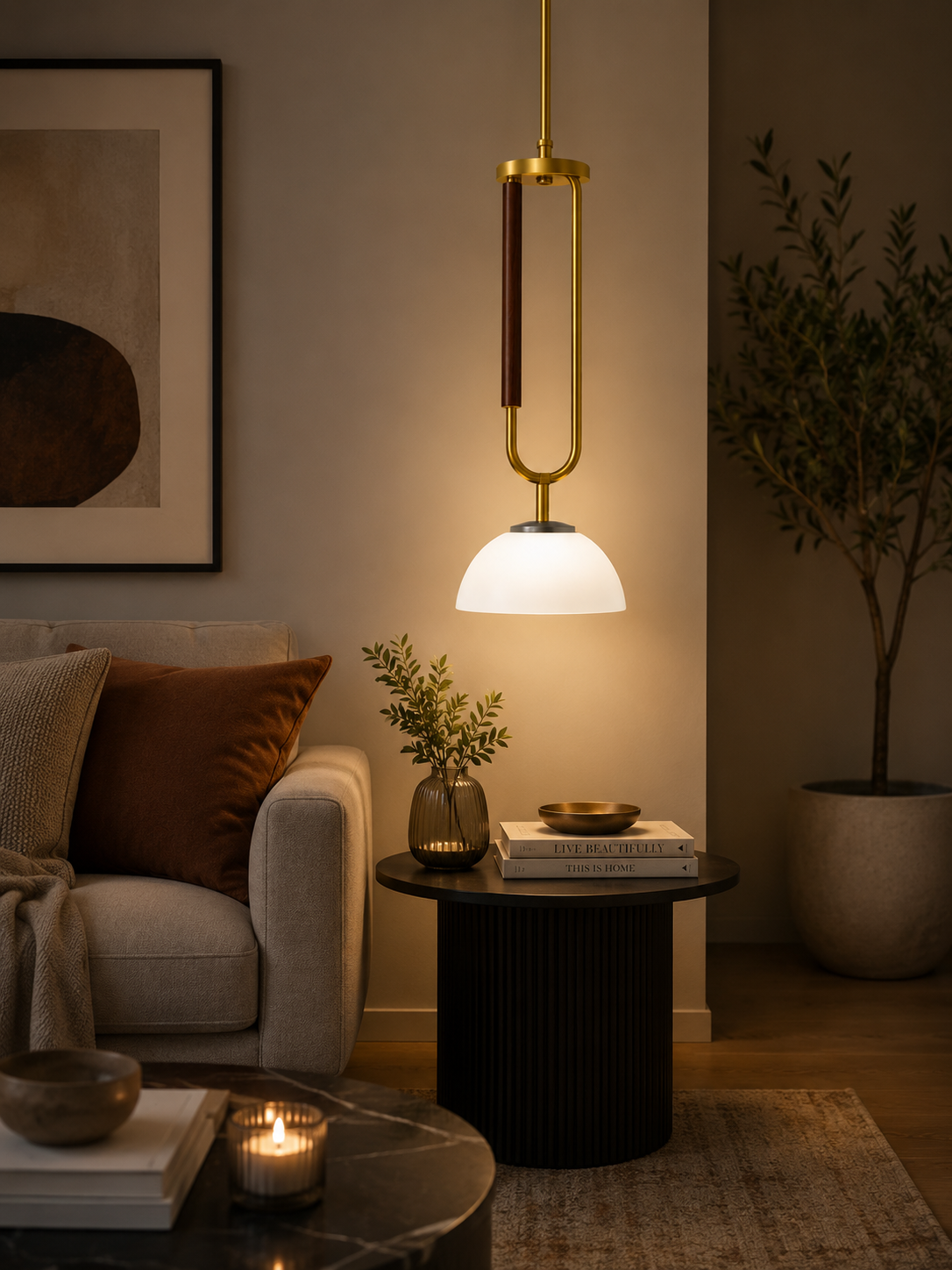 HDC Modern Brass & White Glass Pendant Light for Bedroom, Living Room