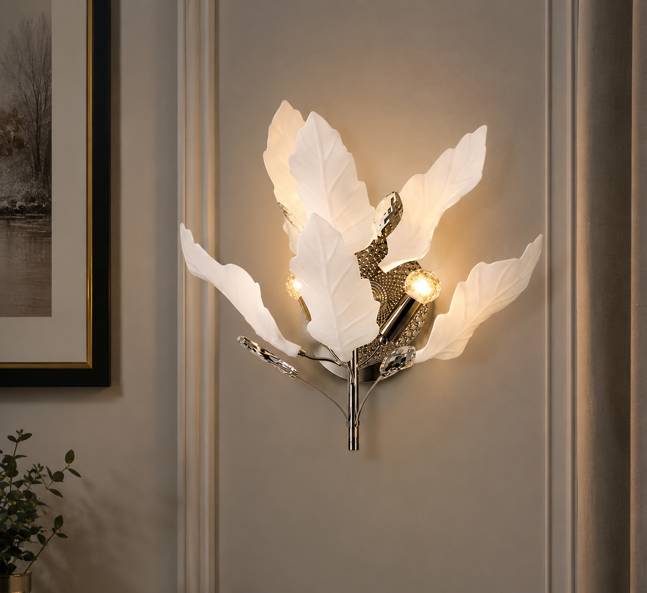 HDC Gold & White Luxury Leaf Design Wall Light for Bedroom, Living Room