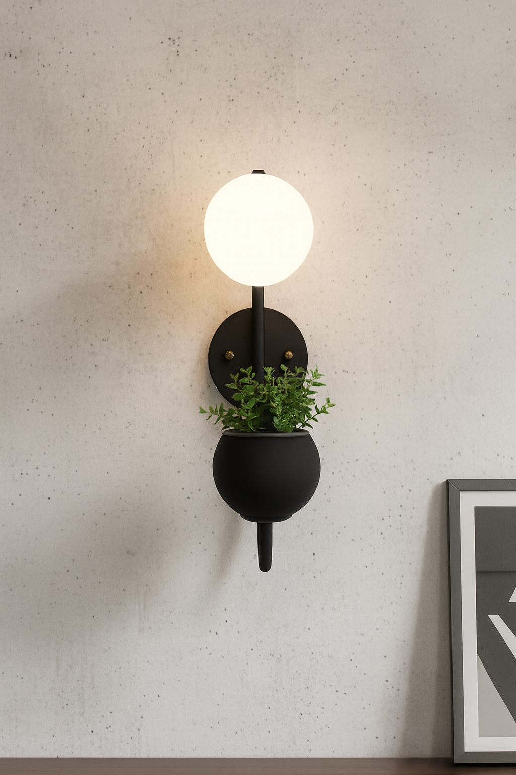 HDC Black Modern Wall Light with Glass Globe Shade LED Wall Lamp with Planter Pot For Living Room, Balcony
