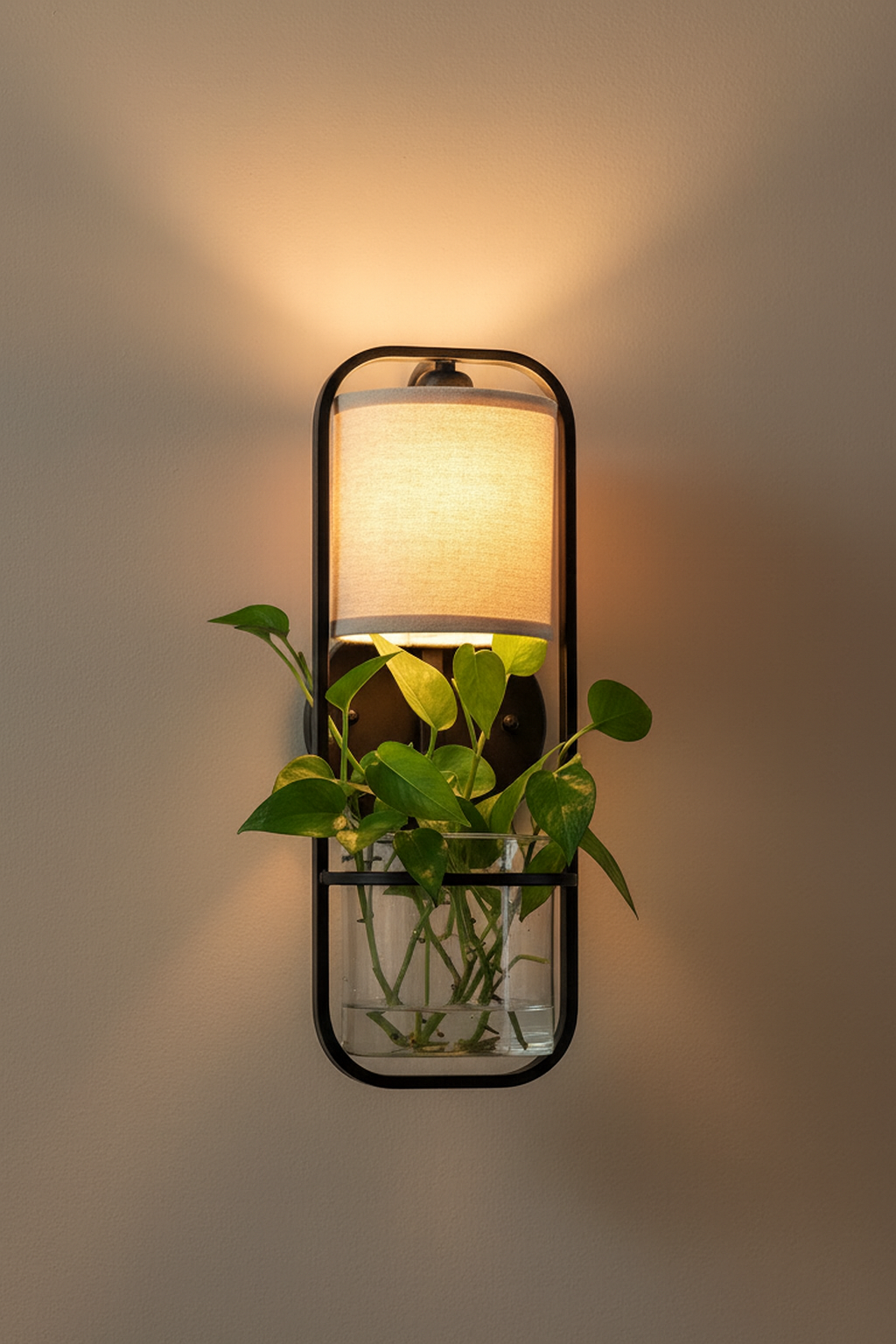 HDC Black Metal Frame and Fabric Shade Premium Wall Lamp with Planter For Living Room, Bedroom, Balocny