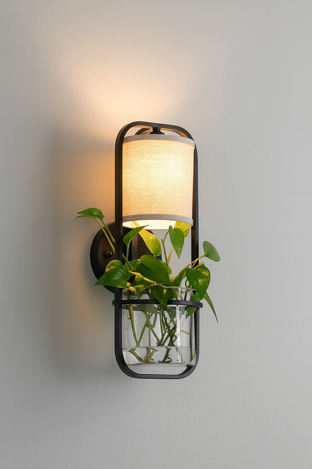 HDC Black Metal Frame and Fabric Shade Premium Wall Lamp with Planter For Living Room, Bedroom, Balocny